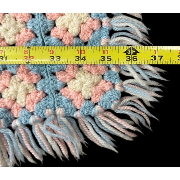 Vintage Crochet Afghan Blanket Throw Pink Blue Fringe Granny Square Handmade - Picture 8 of 8